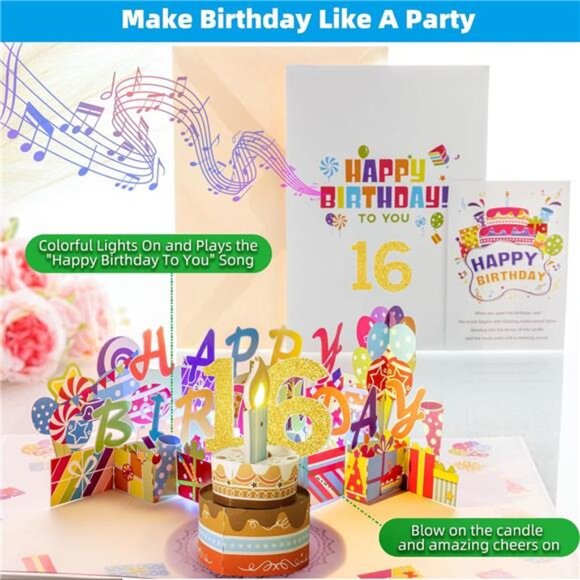 16 Musical 3D Birthday Card, Blowable Musical Birthday PopUp Card - Picture 4 of 7